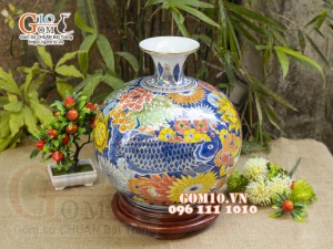 Bình hút lộc men màu vẽ vàng 24k, cảnh Phú Quý Trường Thọ, nền vàng cao 30cm