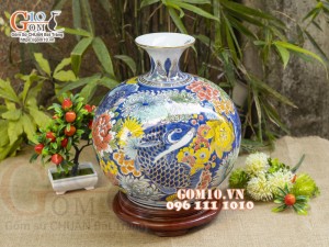 Bình hút lộc men màu vẽ vàng 24k, cảnh Phú Quý Trường Thọ, nền vàng cao 30cm