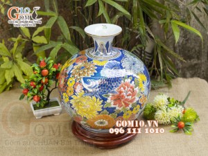 Bình hút lộc men màu vẽ vàng 24k, cảnh Phú Quý Trường Thọ, nền vàng cao 30cm