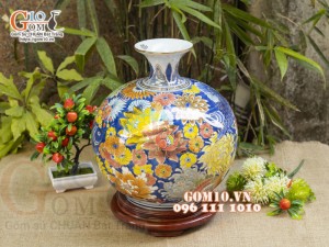 Bình hút lộc men màu vẽ vàng 24k, cảnh Phú Quý Trường Thọ, nền vàng cao 30cm