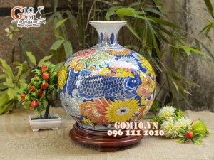 Bình hút lộc men màu vẽ vàng 24k, cảnh Phú Quý Trường Thọ, nền vàng cao 30cm