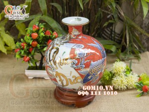 Bình hút lộc men màu vẽ vàng 24k, cảnh Phúc Đức, nền đỏ cao 25cm