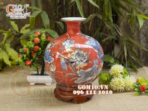 Bình hút lộc men màu vẽ vàng 24k, cảnh Phúc Đức, nền đỏ cao 25cm