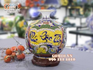Bình hút lộc men màu vẽ vàng 24k, cảnh Phúc Lộc Thọ, cao 35cm