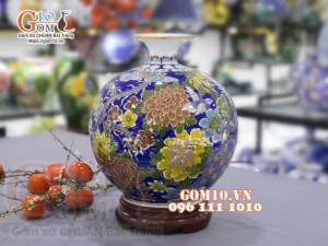 Bình hút lộc men màu vẽ vàng 24k, cảnh Bách Điểu Ngàn Hoa, cao 30cm