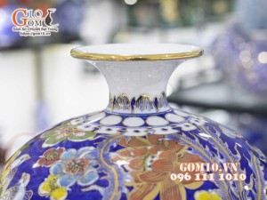 Bình hút lộc men màu vẽ vàng 24k, cảnh Bách Điểu Ngàn Hoa, cao 30cm