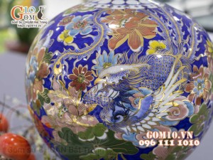 Bình hút lộc men màu vẽ vàng 24k, cảnh Bách Điểu Ngàn Hoa, cao 30cm