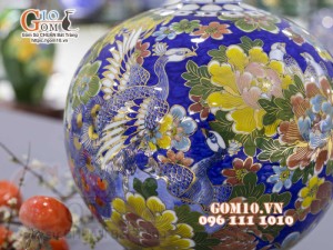 Bình hút lộc men màu vẽ vàng 24k, cảnh Bách Điểu Ngàn Hoa, cao 30cm