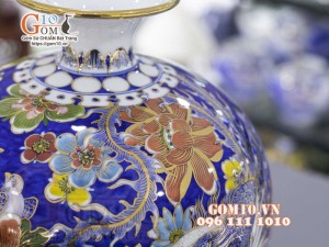 Bình hút lộc men màu vẽ vàng 24k, cảnh Bách Điểu Ngàn Hoa, cao 30cm