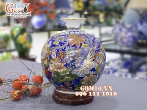 Bình hút lộc men màu vẽ vàng 24k, cảnh Bách Điểu Ngàn Hoa, cao 30cm