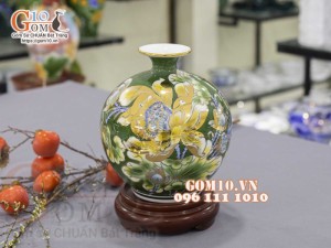 Bình hút lộc men màu vẽ vàng 24k, cảnh Sen Phú Quý, cao 35cm