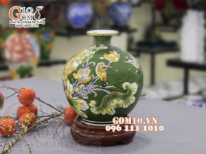 Bình hút lộc men màu vẽ vàng 24k, cảnh Sen Phú Quý, cao 35cm