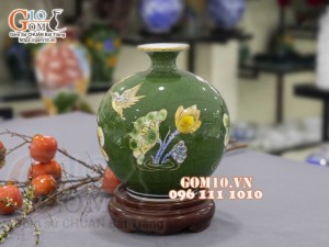 Bình hút lộc men màu vẽ vàng 24k, cảnh Sen Phú Quý, cao 35cm