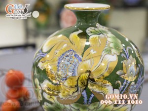 Bình hút lộc men màu vẽ vàng 24k, cảnh Sen Phú Quý, cao 35cm