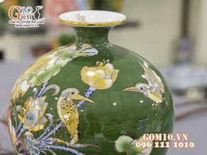 Bình hút lộc men màu vẽ vàng 24k, cảnh Sen Phú Quý, cao 35cm