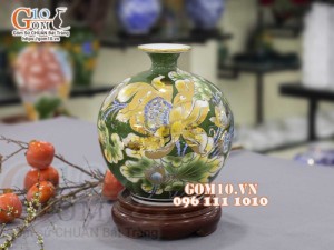 Bình hút lộc men màu vẽ vàng 24k, cảnh Sen Phú Quý, cao 30cm