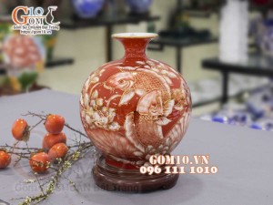 Bình hút lộc men màu vẽ vàng 24k, cảnh Song Ngư Phú Quý, cao 35cm