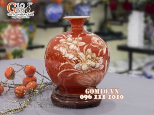 Bình hút lộc men màu vẽ vàng 24k, cảnh Song Ngư Phú Quý, cao 35cm