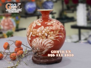 Bình hút lộc men màu vẽ vàng 24k, cảnh Song Ngư Phú Quý, cao 35cm