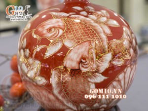 Bình hút lộc men màu vẽ vàng 24k, cảnh Song Ngư Phú Quý, cao 35cm