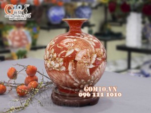 Bình hút lộc men màu vẽ vàng 24k, cảnh Song Ngư Phú Quý, cao 30cm