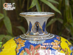 Bình hút lộc men màu vẽ vàng 24k, cảnh Thuận Buồm Xuôi Gió, nền vàng cao 35cm