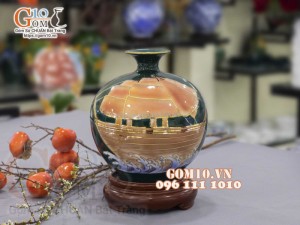 Bình hút lộc men màu vẽ vàng 24k, cảnh Thuận Buồm Xuôi Gió, nền xanh cao 25cm