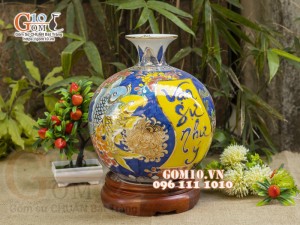 Bình hút lộc men màu vẽ vàng 24k, cảnh Vạn Sự Như Ý, cao 25cm