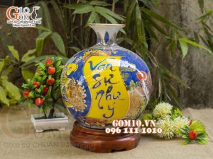 Bình hút lộc men màu vẽ vàng 24k, cảnh Vạn Sự Như Ý, cao 25cm