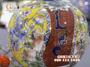 Bình hút lộc men màu vẽ vàng 24k họa tiết Ngũ hạc dâng Lộc cao 30cm