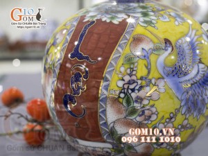 Bình hút lộc men màu vẽ vàng 24k họa tiết Ngũ hạc dâng Lộc cao 30cm