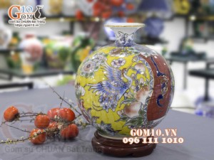 Bình hút lộc men màu vẽ vàng 24k họa tiết Ngũ hạc dâng Lộc cao 30cm