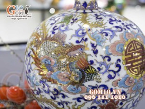 Bình hút lộc men màu vẽ vàng 24k họa tiết Phượng Thọ cao 35cm