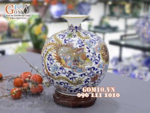 Bình hút lộc men màu vẽ vàng 24k họa tiết Phượng Thọ cao 35cm