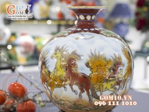 Bình hút lộc men màu vẽ vàng 24k, Nhị cảnh Mã Đáo Thành Công, cao 30cm