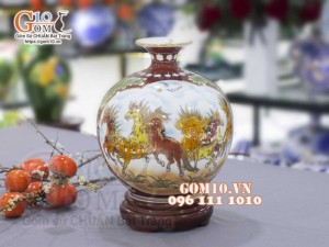 Bình hút lộc men màu vẽ vàng 24k, Nhị cảnh Mã Đáo Thành Công, cao 35cm