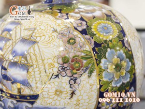 Bình hút lộc men màu vẽ vàng 24k, Nhị cảnh Thuận Buồm Xuôi Gió và Chim Hoa Phú Quý, cao 35cm