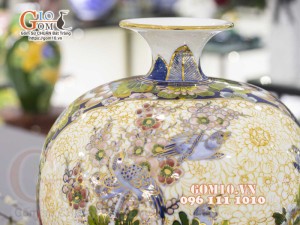 Bình hút lộc men màu vẽ vàng 24k, Nhị cảnh Thuận Buồm Xuôi Gió và Chim Hoa Phú Quý, cao 35cm