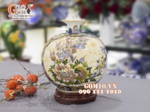 Bình hút lộc men màu vẽ vàng 24k, Nhị cảnh Thuận Buồm Xuôi Gió và Chim Hoa Phú Quý, cao 30cm