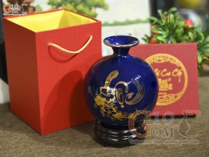 Bình hút lộc men màu xanh coban họa tiết chữ Lộc vàng kim, cao 18cm