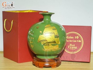Bình hút lộc men màu xanh lá cảnh Thuận Buồm Xuôi Gió vàng kim, cao 26cm