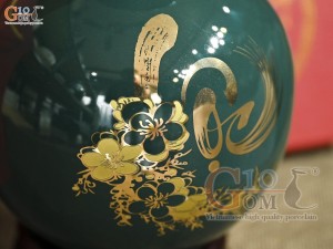 Bình hút lộc men màu xanh lục bảo họa tiết chữ Lộc vàng kim, cao 18cm