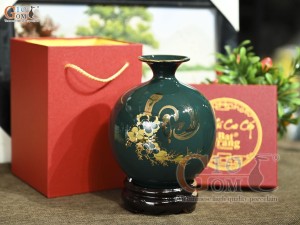 Bình hút lộc men màu xanh lục bảo họa tiết chữ Lộc vàng kim, cao 18cm Bình hút lộc men màu xanh lục bảo họa tiết chữ Lộc vàng kim, cao 18cm