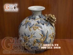Bình hút lộc men rạn đắp nổi Bách Hạc, cao 30cm