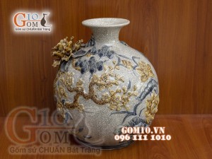 Bình hút lộc men rạn đắp nổi Bách Hạc, cao 30cm