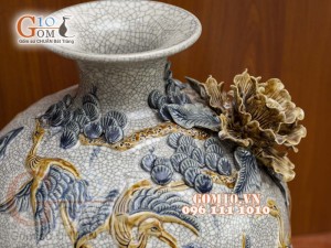 Bình hút lộc men rạn đắp nổi Bách Hạc, cao 30cm