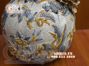 Bình hút lộc men rạn đắp nổi Bách Hạc, cao 30cm