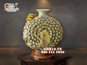 Bình hút lộc men rạn đắp nổi Công Danh Phú Quý Dát Vàng, cao 36cm