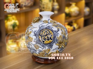 Bình hút lộc men rạn, đắp nổi Phú Quý Tài Lộc, cao 36cm