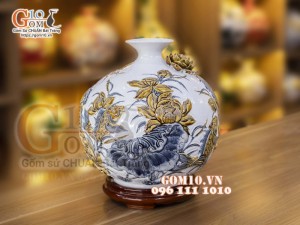 Bình hút lộc men rạn, đắp nổi Phú Quý Tài Lộc, cao 36cm